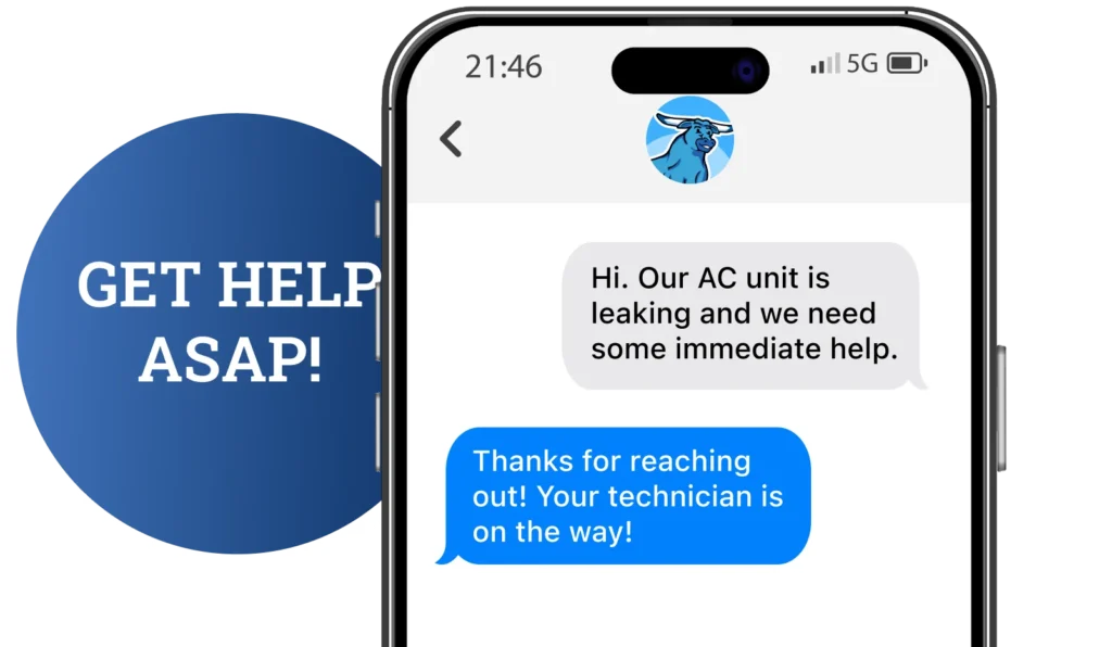 Graphic phone screen showing text message exchange between Blue Ox and a customer.